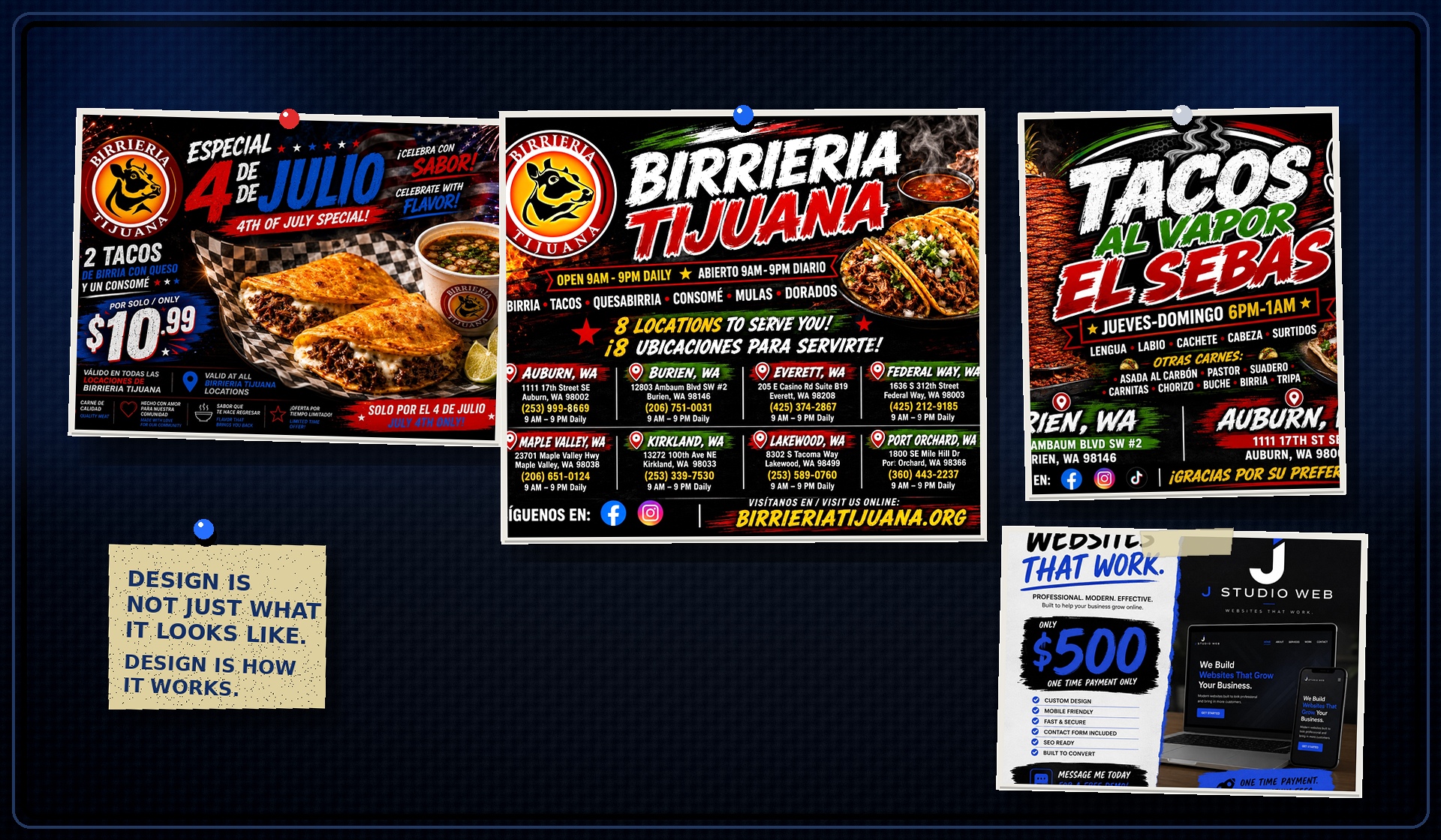 Promotional flyers pinned to a realistic dark studio wall