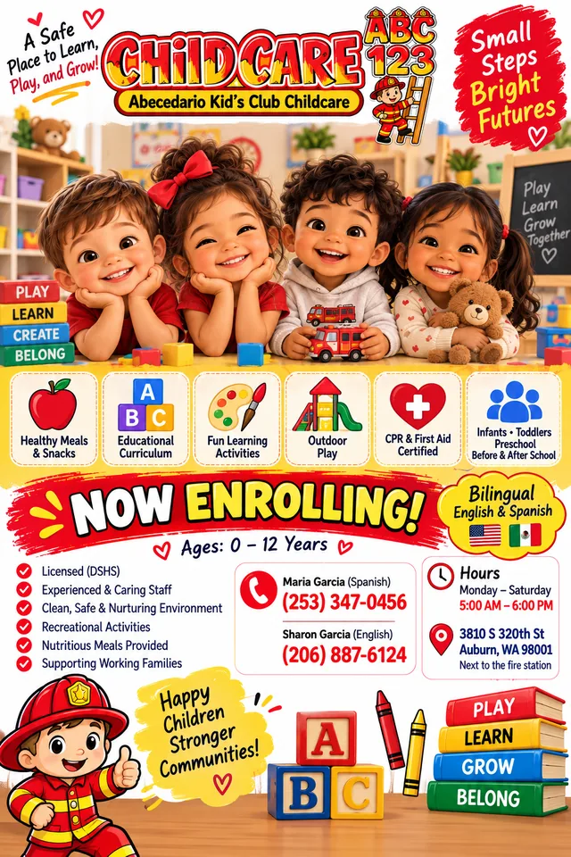Abecedario Kid's Club Childcare now enrolling flyer for ages 0 to 12