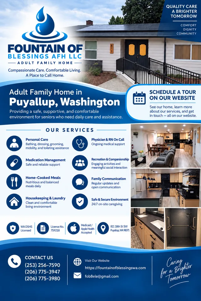 Fountain of Blessings Adult Family Home services flyer for Puyallup, Washington
