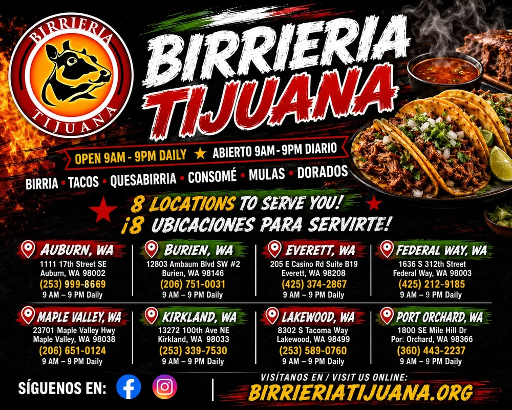 Birrieria Tijuana flyer listing restaurant locations and hours