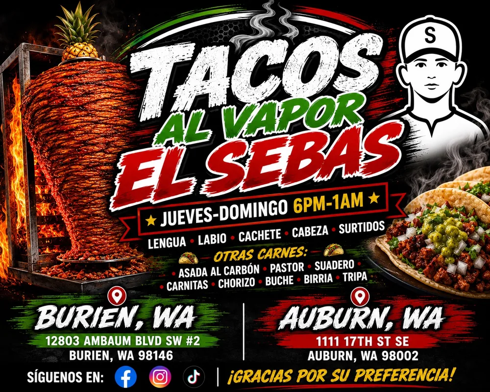 Tacos al Vapor El Sebas menu and locations flyer