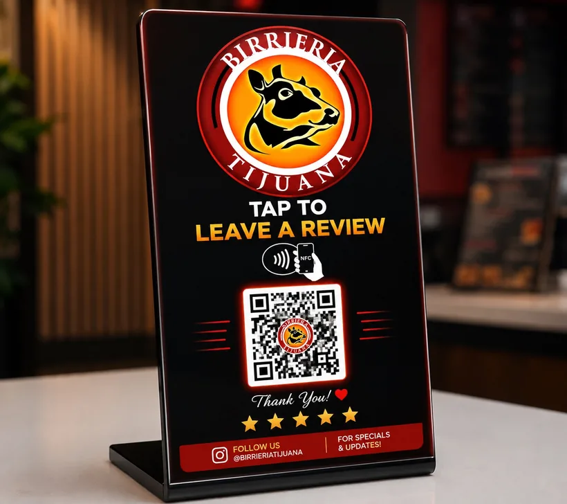 Custom Birrieria Tijuana NFC and QR review stand