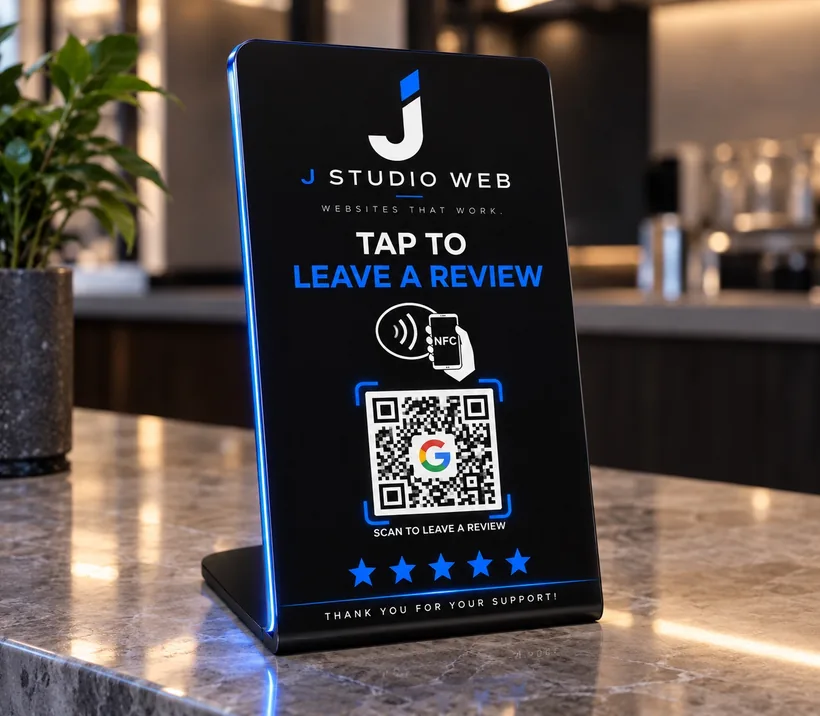 JStudioWeb branded NFC and QR review stand